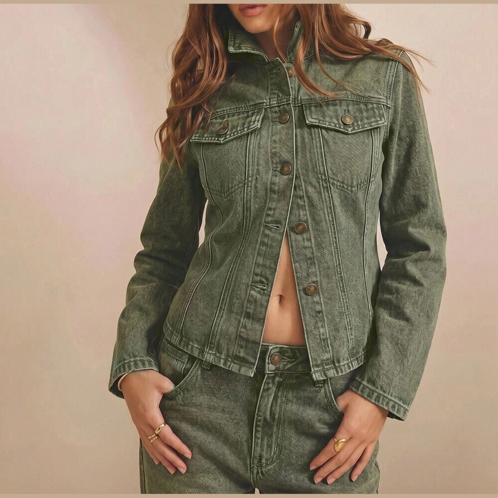 Olive Green Denim Trucker Jacket with Antique Button Front